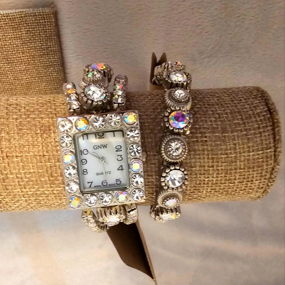 GNW brand stretch elastic silver/aurora borealis watch & bracelet - Picture 2 of 5